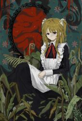  1girl absurdres artist_request blood flesh flesh_blood_&amp;_concrete highres indoors looking_at_viewer nika_(flesh_blood_&amp;_concrete) overgrown plant school_uniform sitting solo soviet_school_uniform two_side_up wallpaper_(object) 