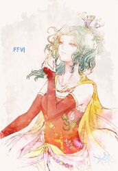  1girl aqua_hair blue_eyes breasts cape commentary_request copyright_name curtained_hair detached_sleeves final_fantasy final_fantasy_vi floral_print hair_ribbon long_hair long_sleeves medium_breasts parted_lips ponytail purple_ribbon red_sleeves ribbon ruka_(blueplus84) signature solo strapless terra_branford 