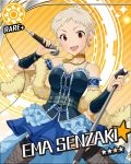  1girl :d blonde_hair character_name choker earrings idolmaster idolmaster_cinderella_girls jewelry looking_at_viewer microphone microphone_stand necklace open_mouth red_eyes senzaki_ema short_hair smile sun_(symbol) 