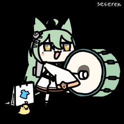  1girl ahoge akashi_(azur_lane) animal_ears animated animated_gif artist_name azur_lane bag cat_ears cat_girl chibi chibi_only chinese_commentary commentary_request dress drum green_hair holding holding_bag instrument long_hair long_sleeves lowres manjuu_(azur_lane) mole mole_under_eye open_mouth seseren simple_background sleeves_past_fingers sleeves_past_wrists solo variant_set walking white_background white_bag white_dress yellow_eyes 