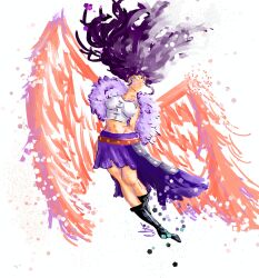  1girl absurdres black_boots black_hair blank_eyes boots capelet commentary crop_top full_body fur_capelet groin highres justlotto long_hair nico_robin one_piece purple_capelet purple_hair purple_skirt signature skirt solo wings 