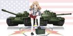  ammo_box blonde_hair blue_eyes box caterpillar_tracks cyber_(cyber_knight) girls_und_panzer highres kay_(girls_und_panzer) leaning_forward long_hair military military_vehicle necktie reflection school_uniform simple_background skirt smile tank thigh-highs vehicle white_background 