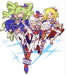  3girls :d blonde_hair blue_hat blue_skirt boots braid colored_eyelashes crown_braid falulu falulu_(awakened) forehead_jewel full_body green_eyes green_hair grey_eyes grey_hair hair_between_eyes hat headphones high_heel_boots high_heels highres idol idol_clothes long_hair looking_at_viewer meremero midorikaze_fuwari mini_hat mini_top_hat multiple_girls open_mouth parted_bangs pretty_series pripara red_boots red_hat shikyoin_hibiki short_hair skirt smile sparkle standing standing_on_one_leg thigh-highs top_hat twintails very_long_hair white_background white_boots white_hat white_thighhighs 