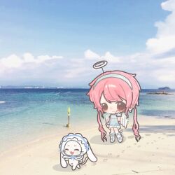  1girl ^_^ angel angel_wings animal animal_costume animal_ear_hood animal_ears beach blue_bow blue_bowtie blue_dress blue_flower blue_hairband blue_ribbon blue_shoes blue_sky bow bowtie brown_eyes cat chibi chinese_commentary cloak closed_eyes closed_mouth clothed_animal clouds commentary_request day dress fake_halo fake_wings floppy_ears flower footprints frilled_dress frilled_hairband frilled_wrist_cuffs frills gilded_dreamsong_(infinity_nikki) hairband halo hand_on_own_cheek hand_on_own_face happy hood hood_up hooded_cloak infinity_nikki leg_ribbon lolita_hairband long_hair looking_at_animal lop_rabbit_ears low_twintails momo_(fluffy)_(infinity_nikki) momo_(nikki) nikki_(nikki) nikki_(series) ocean official_alternate_color official_alternate_costume open_mouth outdoors paw_print photo_background pink_hair rabbit_costume rabbit_ears ribbon road_sign rock running shadow shoes shore short_dress sign sky smile tareme textless_version twintails very_long_hair whiskers white_cat white_cloak white_halo white_wings white_wrist_cuffs wings wrist_cuffs x_navel yidali_mian_xia_guo_zhong 
