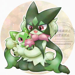  1other commentary_request fang furry highres holding holding_pokemon kneeling meowscarada no_humans one_eye_closed open_mouth pokemon pokemon_(creature) red_eyes sprigatito tsukasa_pika watermark 