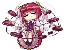  1girl afterimage black_boots black_shirt boots closed_eyes closed_mouth collared_shirt commentary_request drumsticks facing_viewer full_body holding holding_drumsticks horikawa_raiko instrument jacket long_sleeves necktie one-hour_drawing_challenge playing_drums playing_instrument purple_necktie shirt short_hair simple_background sitting skirt smile solo touhou u_u unime_seaflower white_background white_jacket white_skirt 