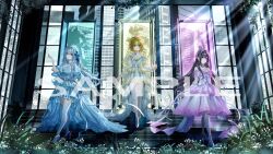  3girls aitsuki_nakuru aqua_eyes arm_at_side arms_at_sides black_hair blonde_hair blue_bow blue_dress blue_flower blue_rose blue_shoes bow building choker closed_mouth collarbone color_coordination dress dress_flower dress_ribbon earrings floral_print floral_print_dress flower flower_earrings frilled_choker frilled_dress frilled_sleeves frills full_body gradient_clothes gradient_dress grass hair_between_eyes hair_bow hair_flower hair_intakes hair_ornament hand_up high-low_dress high_heels highres jewelry la_priere layered_dress layered_sleeves light_particles light_rays lineup long_hair long_sleeves looking_at_viewer medium_dress multiple_girls muntins natsume_itsuki_(voice_actor) nayuta_(voice_actor) nekoyama_iori off-shoulder_dress off_shoulder official_art open_door overgrown parted_lips pink_choker pink_dress pink_eyes pink_shoes plant pleated_sleeves print_dress ribbon ribbon_choker rose rose_print sample_watermark see-through_clothes see-through_sleeves shoes short_dress short_hair short_over_long_sleeves short_sleeves skyscraper smile stairs standing straight_hair sunlight thigh-highs utaite very_long_hair watermark white_choker white_dress white_flower white_hair white_ribbon white_shoes white_thighhighs window yellow_dress yellow_eyes yellow_flower yellow_rose 