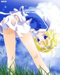  1girl bent_over blonde_hair blue_eyes blush clouds dated grass hair_ribbon kneepits legs noto_(soranoto) original ribbon short_hair skirt sky smile solo upside-down 