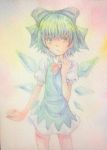  1girl 3: acrylic_paint_(medium) blue_eyes blue_hair bow cirno dress finger_to_chin graphite_(medium) hair_bow highres ice ice_wings short_hair solo thinking touhou traditional_media watercolor_(medium) wings yuyu_(00365676) 