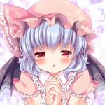  1girl bat_wings blue_hair blush bust dress hat hat_ribbon incoming_kiss irori looking_at_viewer lowres mob_cap open_mouth pink_dress pink_eyes puffy_sleeves remilia_scarlet ribbon short_sleeves solo touhou wings 