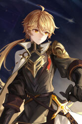  1boy :o aether_(genshin_impact) ahoge alternate_costume alternate_hairstyle armor belt black_gloves black_pants black_shirt blonde_hair blue_sky brown_belt cape cloak cowboy_shot earrings falling_star floating_earrings genshin_impact gloves gold_trim hair_between_eyes hair_ornament hair_tubes highres jewelry long_hair long_sleeves looking_to_the_side low_ponytail male_focus multiple_belts nipples open_mouth outdoors pants ponytail puffy_long_sleeves puffy_sleeves shirt shoulder_armor single_earring single_hair_tube sky solo standing star_(sky) starry_sky sword two-sided_cloak two-sided_fabric uli_(bredkgod) very_long_hair waist_cape weapon white_cape white_cloak yellow_cloak yellow_eyes 