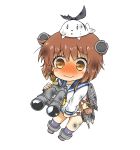  1girl binoculars blush brown_eyes brown_hair chibi greenteaneko kantai_collection panties personification school_uniform serafuku short_hair torn_clothes underwear yukikaze_(kantai_collection) 