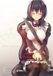  1girl apron black_hair blush breasts closed_eyes female fukai_ryousuke maid maid_headdress original seatbelt sitting smile solo strap_cleavage 