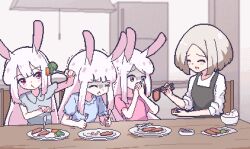  4girls ^_^ animal_ears apron black_apron blonde_hair blue_shirt blunt_bangs blush bowl carrot chair chibikki chopsticks closed_eyes closed_mouth covering_own_mouth dress eating food fork grey_shirt highres holding holding_chopsticks holding_fork indoors long_hair long_sleeves looking_at_another meat multiple_girls open_mouth original pink_dress pixel_art plate rabbit_ears rabbit_girl red_eyes rice rice_bowl shaded_face shirt short_hair short_sleeves sitting sleeves_rolled_up smile table vegetable very_long_hair white_hair white_shirt 