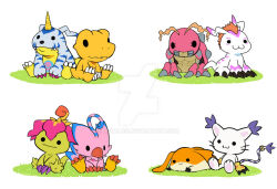  agumon bird bug cat claws commentary deviantart_logo digimon digimon_(creature) dinosaur english_commentary flower gabumon gloves gomamon grass horns loyaldis palmon patamon piyomon seal_(animal) sitting tail tailmon tentomon watermark white_background wings 