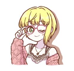  1girl adjusting_eyewear asymmetrical_hair blonde_hair blush cardigan collarbone fleecysheep glasses green_eyes hand_on_eyewear heart heart_necklace highres idolmaster idolmaster_cinderella_girls jewelry looking_at_viewer medium_hair miyamoto_frederica necklace off_shoulder one_eye_closed pink-framed_eyewear pink_cardigan shirt spaghetti_strap white_shirt 