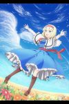  1girl alice_margatroid blonde_hair blue_dress blue_eyes boots capelet dress field flower flower_field frills hairband highres kanimiso-wassyoi letterboxed long_sleeves open_mouth outstretched_arms ribbon sky smile solo standing touhou 