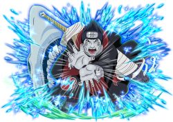  1boy akatsuki_uniform black_coat black_hair coat colored_skin forehead_protector gills grey_pants grey_skin grin holding holding_sword holding_weapon hoshigaki_kisame huge_weapon jewelry kirigakure_symbol looking_at_viewer male_focus naruto_(series) naruto_shippuuden:_ultimate_ninja_blazing official_art open_mouth pants print_coat ring samehada_(naruto) shark sharp_teeth short_hair smile solo spiky_hair sword teeth water weapon 