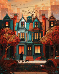  1boy animal autumn bare_tree black_coat black_hat building car cat coat commentary complementary_colors dog english_commentary evening flock hat highres house laura_el long_sleeves motor_vehicle orange_sky original outdoors pet pet_walking power_lines reflection road scenery sidewalk signature sky skyline skyscraper solo street tree utility_pole wide_shot 