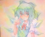  1girl acrylic_paint_(medium) blue_eyes blue_hair bow cirno graphite_(medium) hair_bow highres ice ice_wings pointing pointing_up short_hair solo touhou traditional_media watercolor_(medium) wings yuyu_(00365676) 