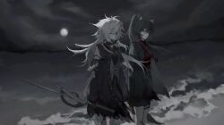  2girls 7ast_(0169638678) absurdres animal_ears arknights backlighting black_coat black_gloves black_hair black_jacket black_necktie black_shorts breasts chinese_commentary closed_eyes closed_mouth coat commentary_request dark_background feet_out_of_frame floating_hair gloves hair_between_eyes high_ponytail highres holding holding_sword holding_weapon jacket lappland_(arknights) lappland_(refined_horrormare)_(arknights) long_sleeves looking_at_viewer medium_breasts moon multiple_girls necktie night official_alternate_costume open_clothes open_coat outdoors overcast ponytail red_shirt shirt shore shorts sky sword tail texas_(arknights) texas_(willpower)_(arknights) thigh_strap weapon white_hair wolf_ears wolf_girl wolf_tail yellow_eyes 