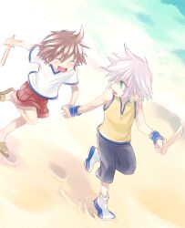  2boys aged_down aqua_eyes beach black_pants blue_shoes brown_hair brown_shoes child closed_eyes commentary_request day dutch_angle footprints from_above full_body grey_hair happy holding holding_hands holding_sword holding_weapon kingdom_hearts kingdom_hearts_birth_by_sleep leg_up light_blush looking_at_another looking_back male_focus multicolored_shoes multiple_boys nora_(s-blossom) ocean open_mouth outdoors pants pastel_colors red_shorts riku_(kingdom_hearts) running sand sandals shirt shoes shore short_hair short_sleeves shorts sleeveless sleeveless_shirt smile sora_(kingdom_hearts) spiky_hair sword toy_sword v-neck water weapon white_shirt white_shoes wooden_sword wristband yellow_shirt 