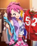  1girl :d artist_request blush camouflage_pants clothes_hanger clothes_rack clothes_writing hooded hoodie idolmaster idolmaster_million_live! jacket maihama_ayumu multicolored_hair open_mouth pink_eyes pink_hair shopping smile track_jacket vest 