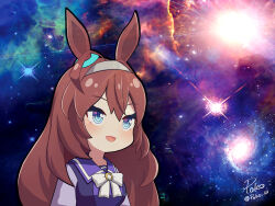  1girl absurdres ahoge animal_ears blue_eyes blush bow bowtie breasts brown_hair grey_hairband hair_between_eyes hairband highres horse_ears horse_girl large_breasts long_hair long_sleeves meme mihono_bourbon_(umamusume) open_mouth poko_(user_rjdg5478) purple_sailor_collar purple_shirt sailor_collar sailor_shirt school_uniform shirt silver_hairband smile solo space space_cat_(meme) tracen_school_uniform umamusume white_bow white_bowtie 