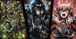  1girl 2girls absurdres armor astra_militarum black_gloves bracer breasts colored_sclera death_korps_of_krieg eldar farseer gas_mask gem gloves helmet highres jujutsu_kaisen long_hair mask multiple_girls octosoup orc ork_(warhammer) pink_hair pointy_ears red_eyes red_gem red_hair upper_body warhammer_40k yellow_eyes 