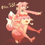  1girl animal_ears audino blue_eyes breast_rest breasts character_name cleavage kuromiya large_breasts open_mouth personification pink_hair pointing pokemon pokemon_(creature) pokemon_(game) smile tail 