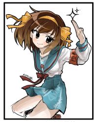  1girl armband artist_name black_border blue_sailor_collar blue_skirt border brown_eyes brown_hair commentary_request hair_ribbon highres kimume042616 kita_high_school_uniform looking_at_viewer orange_ribbon red_armband ribbon sailor_collar school_uniform shirt simple_background skirt smile solo suzumiya_haruhi suzumiya_haruhi_no_yuuutsu white_background white_shirt 