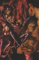  2girls 6+boys alex_ross amadeus_cho_(marvel) animal_print arc_reactor armor black_bodysuit blue_bodysuit bodysuit colored_skin comic_cover cover cover_page east_asian english_commentary full_armor glowing glowing_eyes green_skin hawkeye_(marvel) hulk iron_man iron_man_(series) ironheart kate_bishop marvel miles_morales multicolored_bodysuit multiple_boys multiple_girls muscular muscular_male open_mouth out_of_frame power_armor print_bodysuit realistic red_armor red_bodysuit short_hair spider-man spider-man_(miles_morales) spider-man_(original_suit) spider-man_(series) spider_print spider_web_print superhero_costume the_incredible_hulk_(series) third-party_source two-tone_armor two-tone_bodysuit vignetting yellow_armor 