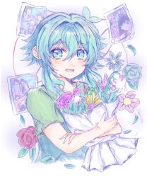  1boy antenna_hair aubrey_(headspace)_(omori) aubrey_(omori) basil_(headspace)_(omori) basil_(omori) blue_overalls blush bouquet cactus commentary_request double-parted_bangs flower green_shirt hair_between_eyes hero_(headspace)_(omori) hero_(omori) highres holding holding_bouquet kel_(headspace)_(omori) kel_(omori) looking_at_viewer male_focus mari_(headspace)_(omori) mari_(omori) omori omori_(omori) open_mouth overalls photo_(object) red_flower red_rose rose shirt short_hair short_sleeves sidelocks simple_background smile solo t-shirt tulip white_background white_flower white_tulip xanyu2334ouo 