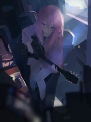  1girl blue_eyes blush bocchi_the_rock! closed_mouth commentary_request cube_hair_ornament gotoh_hitori guitar haigjd8hai hair_between_eyes hair_ornament highres holding holding_guitar holding_instrument instrument jacket long_hair long_sleeves pink_hair pink_jacket pink_track_suit playing_guitar playing_instrument solo track_jacket track_suit 