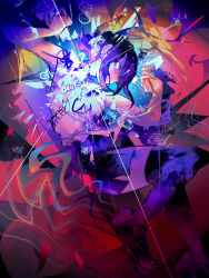  1girl abstract_background absurdres bare_shoulders chainsaw_man choker colorful colorful_background commentary expressionless hair_between_eyes hair_bun highres loafers medium_hair mikake3x purple_hair reze_(chainsaw_man) shirt shoes sidelocks sleeveless sleeveless_shirt solo thigh-highs white_shirt 