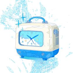  absurdres analog_clock aqua_theme blue_theme check_commentary clock commentary_request fantasy flat_color four-pointed_star hato_(n_hat_mu) highres ligne_claire limited_palette original radio scenery white_background 