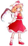  1girl ascot blonde_hair dairi flandre_scarlet hat hat_ribbon mob_cap puffy_sleeves red_eyes red_shoes ribbon shirt shoes short_sleeves simple_background skirt skirt_set smile solo touhou vest white_background wings 