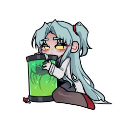  1girl angela_(project_moon) black_jacket black_pantyhose black_skirt blue_hair brain brain_in_jar carmen_(project_moon) coat commentary_request highres jacket korean_commentary lab_coat lobotomy_corporation long_hair looking_at_viewer necktie open_clothes open_coat pantyhose project_moon red_necktie roco_(arcalive) shirt simple_background skirt solo thighs white_background white_coat white_shirt yellow_eyes 