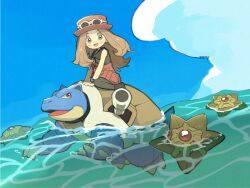  1girl :d afloat blastoise blush bracelet brown_hair clouds commentary_request day eyewear_on_headwear hat highres jewelry long_hair memo_(pixiv_36586607) open_mouth outdoors pantyhose pink_hat pleated_skirt pokemon pokemon_(creature) pokemon_x_and_y riding riding_pokemon serena_(pokemon) shirt shoes sitting skirt sky sleeveless sleeveless_shirt smile staryu sunglasses water 