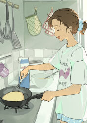  1girl :d absurdres animal_print blue_scrunchie blue_shorts brown_hair closed_eyes clothes_writing commentary cooking cup drink_carton earthworm english_text flipping_food food from_side frying_pan highres holding holding_frying_pan holding_spatula kitchen konnu_k2n medalist_(manga) milk_carton mixing_bowl mug open_mouth oven_mitts ponytail print_shirt print_shorts profile romaji_text scrunchie shirt short_ponytail shorts smile solo spatula standing stove toaster whisk white_shirt yuitsuka_inori 