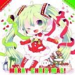  1girl ahoge bell boots cake chibi christmas christmas_tree earmuffs elbow_gloves food gift gloves green_eyes green_hair haru431 hatsune_miku long_hair merry_christmas mittens open_mouth outstretched_arms sanata_costume snowman solo spread_arms twintails very_long_hair vocaloid wink 