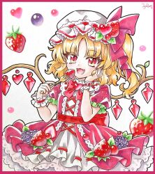  1girl alternate_costume back_bow blonde_hair bow commentary_request crystal crystal_wings dress eating fangs flandre_scarlet food food_print fork fruit fruit_print hand_on_own_cheek hand_on_own_face hat hat_ribbon holding holding_fork miy_001 mob_cap one_side_up open_mouth pink_dress pink_nails puffy_short_sleeves puffy_sleeves red_bow red_eyes ribbon ribbon-trimmed_dress ribbon_trim short_sleeves signature smile solo strawberry strawberry_hat_ornament strawberry_print touhou traditional_media white_dress white_hat wings 