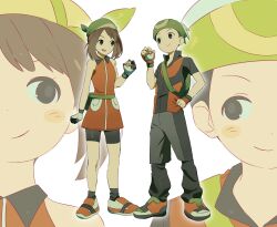  1boy 1girl bag bandana beanie bike_shorts_under_dress black_eyes black_socks brendan_(pokemon) brown_hair closed_mouth collared_dress dress fingerless_gloves gloves green_bag green_bandana harube623 hat highres holding holding_poke_ball may_(pokemon) multiple_views orange_dress orange_shoes poke_ball pokemon pokemon_emerald pokemon_ruby/sapphire/emerald premier_ball shirt shoes short_sleeves sleeveless sleeveless_dress smile socks standing white_background 