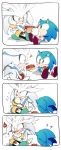  2boys 4koma ? animal_ears blush boots bracelet chili chiro_(pez777) comic eating fur gloves highres hot_dog indian_style jewelry multiple_boys orange_eyes sega shoes silver_the_hedgehog simple_background sitting sneakers sonic sonic_the_hedgehog sweat translation_request white_background 