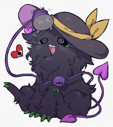  animal animal_focus black_cat black_eyes black_hat bow cat disembodied_linked_eye eyeball hat hat_bow heart highres komeiji_koishi komeiji_koishi_(cat) mouse_(animal) no_humans open_mouth restrained sharp_teeth simple_background teeth touhou white_background yellow_bow zunusama 