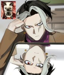  1boy black_hair blazer brown_jacket chair classroom closed_mouth danganronpa_(series) danganronpa_3:_the_end_of_hope's_peak_high_school dangle_earrings desk different_reflection earrings forehead furrowed_brow grey_eyes hand_on_own_head heterochromia highres hope's_peak_academy_school_uniform indoors jacket jewelry lapels light_frown long_sleeves male_focus mirror multicolored_hair no_eyebrows photo-referenced purple_scarf red_eyes reference_inset reflection saman_zero7 scar scar_across_eye scar_on_face scarf school_chair school_desk school_uniform short_hair sideburns single_earring solo sphere_earrings streaked_hair tanaka_gundham two-tone_hair upper_body very_short_hair white_hair 