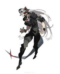  1girl absurdres angry arknights black_boots black_choker blank_eyes body_armor boots chinese_commentary choker claw_pose collared_shirt commentary elbow_pads fighting_stance full_body furious grey_hair grey_pants grey_shirt highres horns id_card jinrou_da_niao_ren knee_pads long_hair official_alternate_costume open_mouth pants saria_(arknights) saria_(the_law)_(arknights) shirt shoulder_pads simple_background sleeves_rolled_up solo tail thigh_strap very_long_hair watermark weibo_username weibo_watermark white_background 