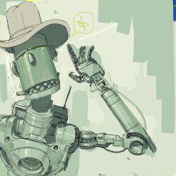  1boy armor cowboy_hat green_armor green_theme hat highres male_focus original robot robot_boy smoking solo teeth upper_body xkl3001 
