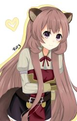  1girl alternate_eye_color animal_ear_fluff animal_ears arm_under_breasts armor artist_name belt black_dress breastplate breasts brown_armor brown_belt brown_hair closed_mouth commentary dress drop_shadow gauntlets highres layered_dress leaning_forward leather_armor long_hair looking_at_viewer medium_breasts metal_arm_cuffs neck_ribbon raccoon_ears raccoon_girl raccoon_tail raphtalia red_dress red_ribbon ribbon short_dress sleeveless sleeveless_dress smile solo straight_hair strapless strapless_dress tail tanuki tate_no_yuusha_no_nariagari two-tone_dress user_jeax7228 violet_eyes watermark white_background white_dress yellow_trim 