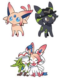  2boys 2girls black_fur blue_eyes brown_eyes commentary_request espeon forehead_jewel green_fur hair_ribbon harmony_(pokemon) highres hug ichijip_app leafeon multiple_boys multiple_girls paxton_(pokemon) pokemon pokemon_(creature) pokemon_focus pokemon_legends:_z-a red_fur ribbon sylveon taunie_(pokemon) trilby two-tone_fur umbreon urbain_(pokemon) white_background yellow_fur 